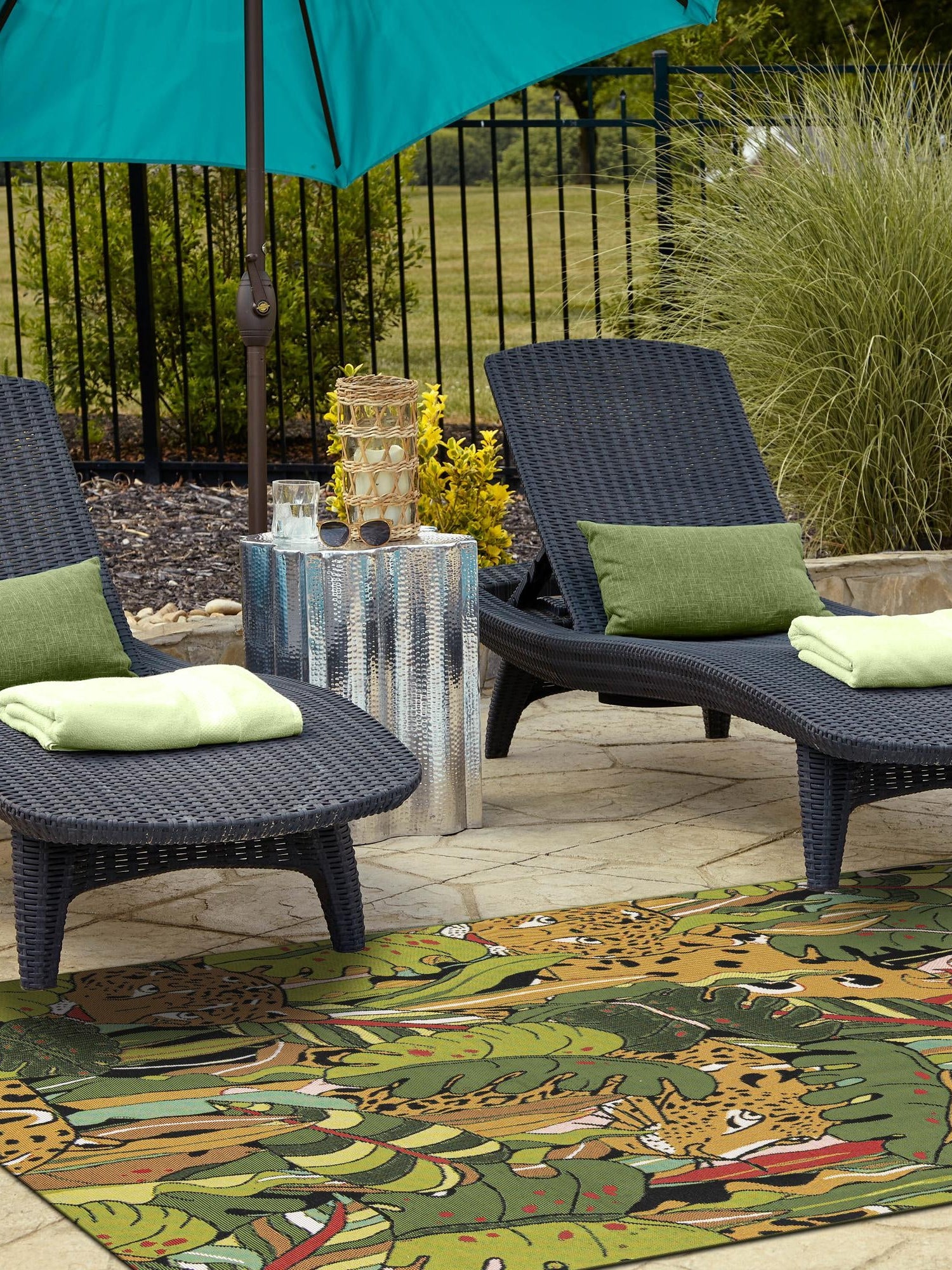 Green 6' 1 x 9' Outdoor Botanical Rectangle Area Rug Weather Resistant for Patio, Deck, Terrace, Balcony, Porch Polypropylene Garden Floral Tropical Carpet for Sale at Rug Engine