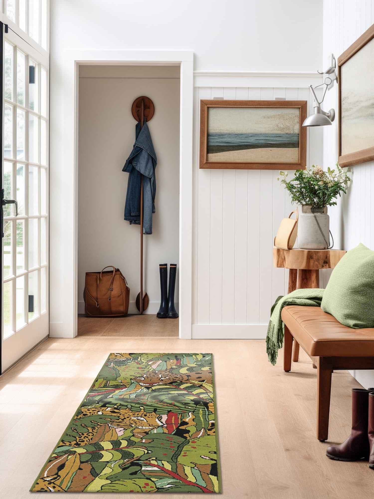Green 2' x 8' Outdoor Botanical Runner Area Rug Weather Resistant for Patio, Deck, Terrace, Balcony, Porch Polypropylene Garden Floral Tropical Carpet for Sale at Rug Engine