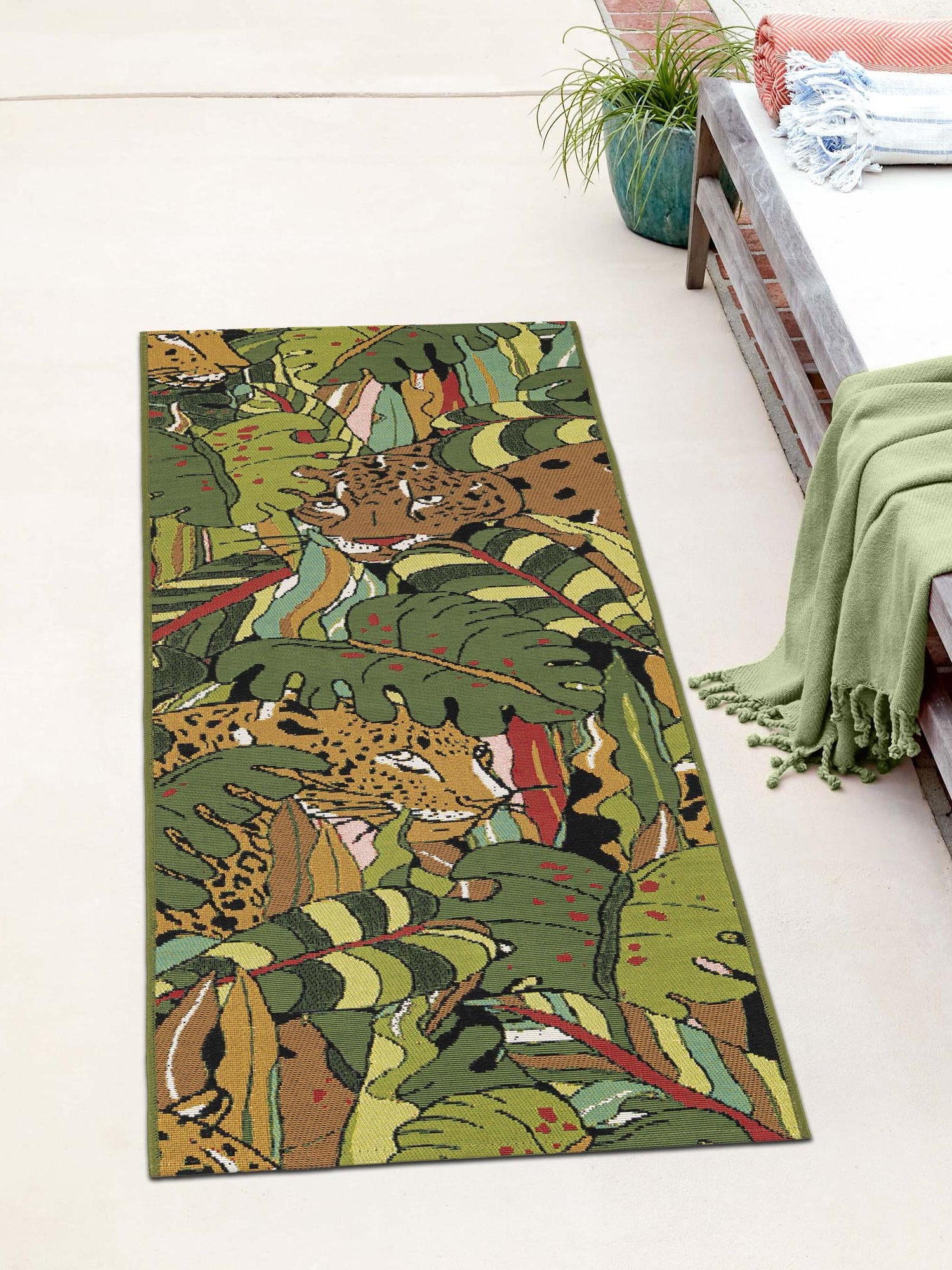 Green 2' x 8' Outdoor Botanical Runner Area Rug Weather Resistant for Patio, Deck, Terrace, Balcony, Porch Polypropylene Garden Floral Tropical Carpet for Sale at Rug Engine