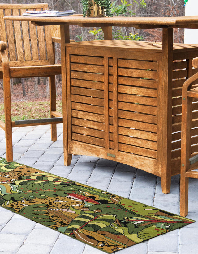 Green 2' 7 x 10' Outdoor Botanical Runner Area Rug Weather Resistant for Patio, Deck, Terrace, Balcony, Porch Polypropylene Garden Floral Tropical Carpet for Sale at Rug Engine