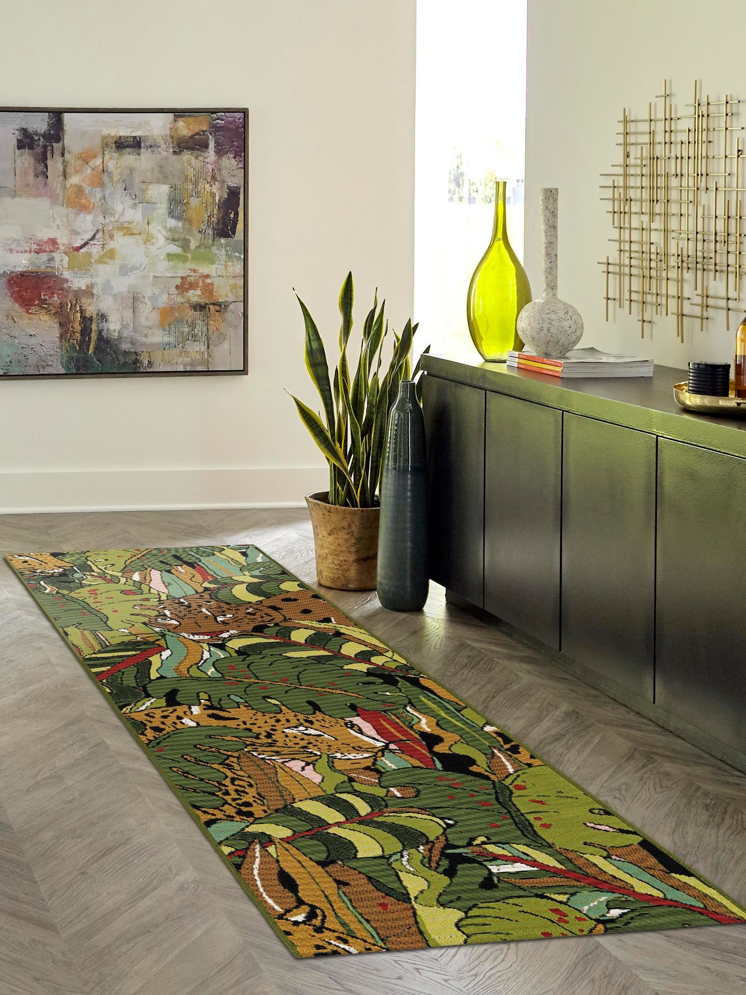 Green 2' x 8' Outdoor Botanical Runner Area Rug Weather Resistant for Patio, Deck, Terrace, Balcony, Porch Polypropylene Garden Floral Tropical Carpet for Sale at Rug Engine