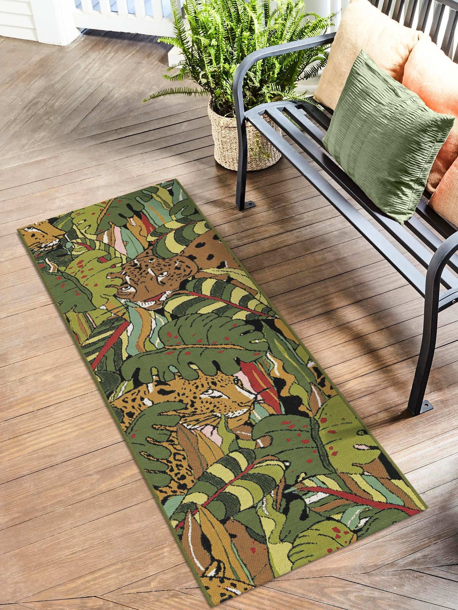Green 2' x 6' 1 Outdoor Botanical Runner Area Rug Weather Resistant for Patio, Deck, Terrace, Balcony, Porch Polypropylene Garden Floral Tropical Carpet for Sale at Rug Engine