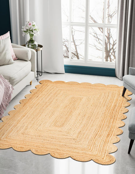 Natural 4' 1 x 6' 1 Scallop Braided Jute Rectangle Rug