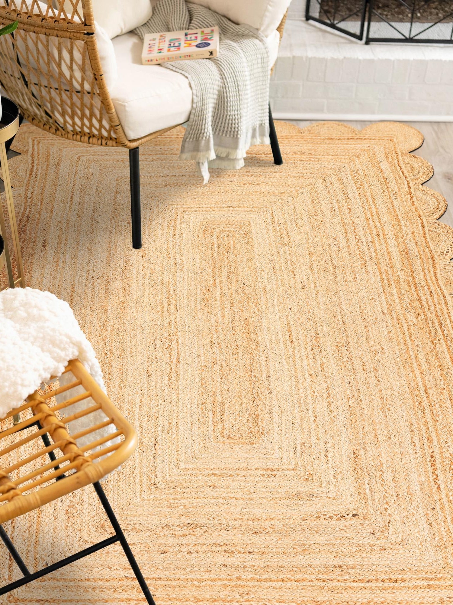 Natural 3' 1 x 5' 1 Scallop Braided Jute Rectangle Area Rug Eco Friendly 100% Jute All Natural Durable Carpet for Affordable Unique Home Interiors for Sale at Rug Engine