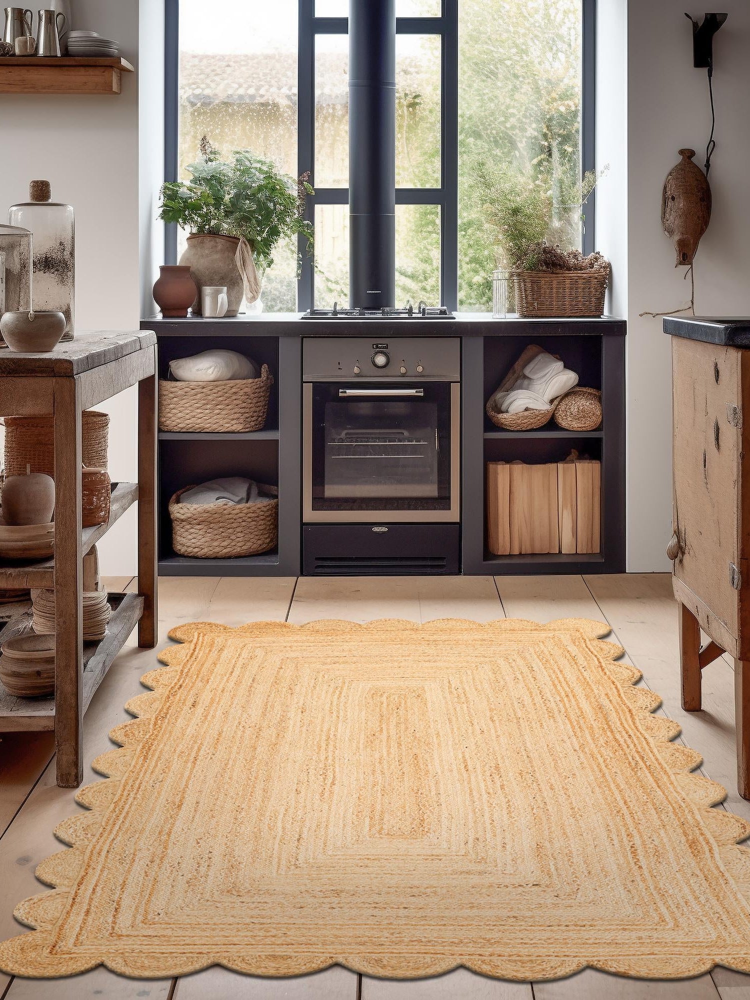 Natural 7' 10 x 10' Scallop Braided Jute Rectangle Area Rug Eco Friendly 100% Jute All Natural Durable Carpet for Affordable Unique Home Interiors for Sale at Rug Engine