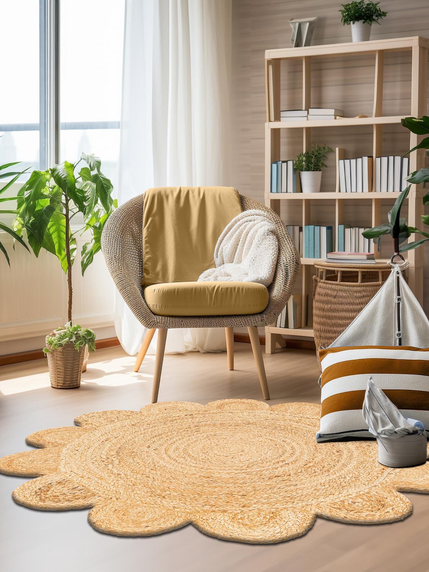 Natural 6' 1 x 6' 1 Scallop Braided Jute Round Area Rug Eco Friendly 100% Jute All Natural Durable Carpet for Affordable Unique Home Interiors for Sale at Rug Engine