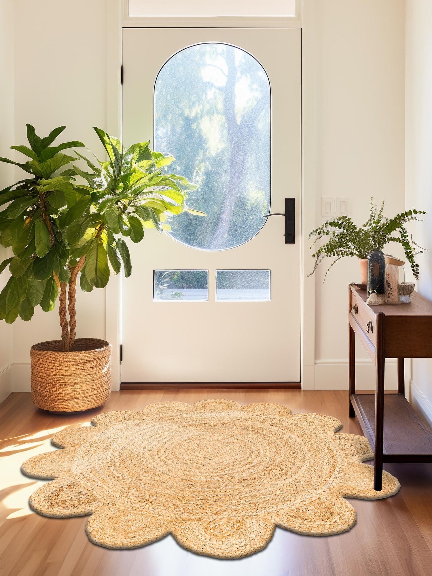Natural 3' 1 x 3' 1 Scallop Braided Jute Round Area Rug Eco Friendly 100% Jute All Natural Durable Carpet for Affordable Unique Home Interiors for Sale at Rug Engine
