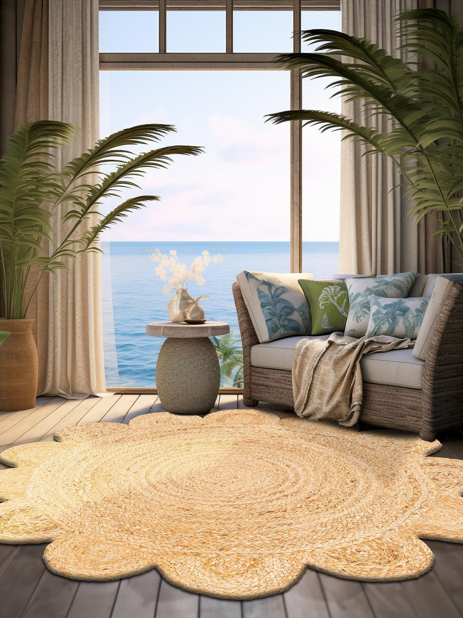 Natural 5' 1 x 5' 1 Scallop Braided Jute Round Area Rug Eco Friendly 100% Jute All Natural Durable Carpet for Affordable Unique Home Interiors for Sale at Rug Engine