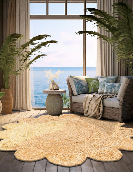 Natural 5' 1 x 5' 1 Scallop Braided Jute Round Area Rug