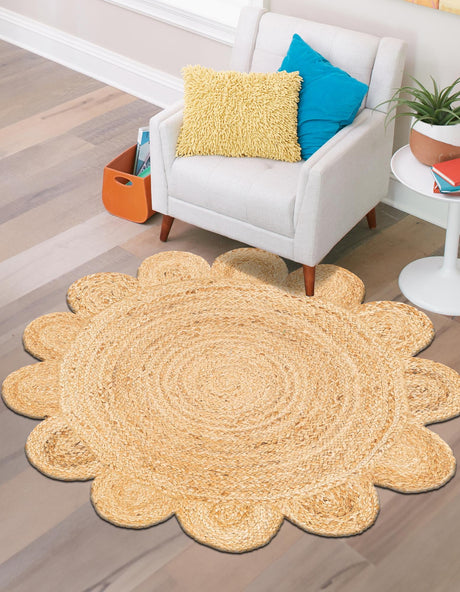 Natural 6' 1 x 6' 1 Scallop Braided Jute Round Area Rug Eco Friendly 100% Jute All Natural Durable Carpet for Affordable Unique Home Interiors for Sale at Rug Engine
