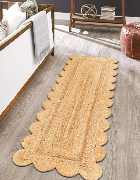 Natural 3' 3 x 14' 1 Scallop Braided Jute Runner Rug