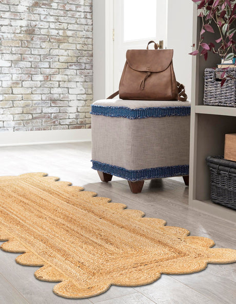 Natural 3' 3 x 14' 1 Scallop Braided Jute Runner Area Rug