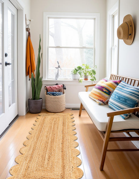 Natural 3' 3 x 14' 1 Scallop Braided Jute Runner Area Rug