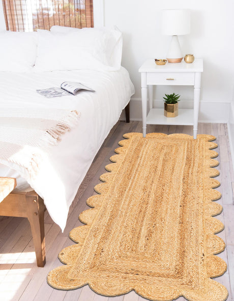 Natural 3' 3 x 14' 1 Scallop Braided Jute Runner Area Rug