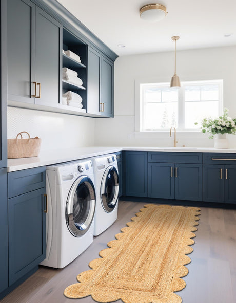 Natural 3' 3 x 14' 1 Scallop Braided Jute Runner Area Rug