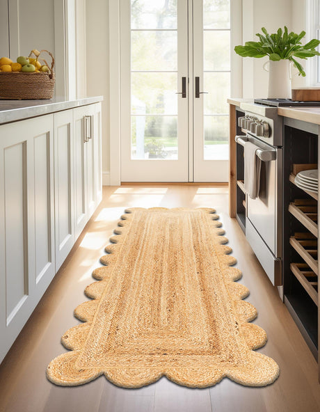 Natural 3' 3 x 14' 1 Scallop Braided Jute Runner Area Rug