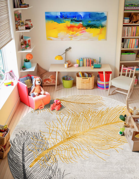 Yellow Gray 5' 3 x 5' 3 Finsbury Round Area Rug 60% Polypropylene & 40% Polyester Contemporary Carpet for Living Rooms, Dining, Offices for Sale at Rug Engine