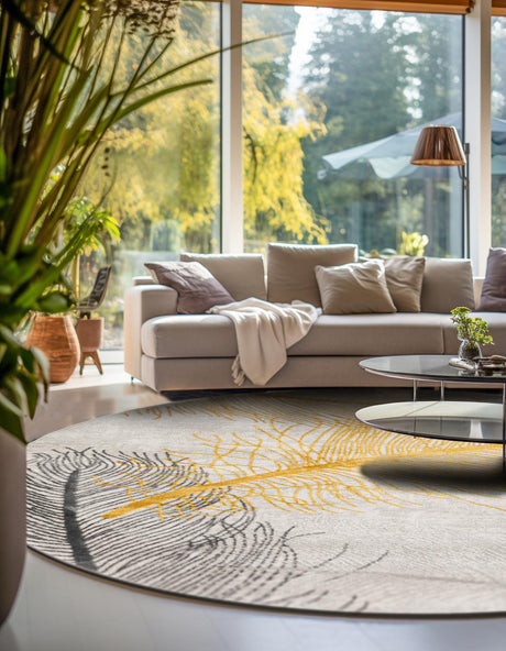 Yellow Gray 5' 3 x 5' 3 Finsbury Round Area Rug 60% Polypropylene & 40% Polyester Contemporary Carpet for Living Rooms, Dining, Offices for Sale at Rug Engine