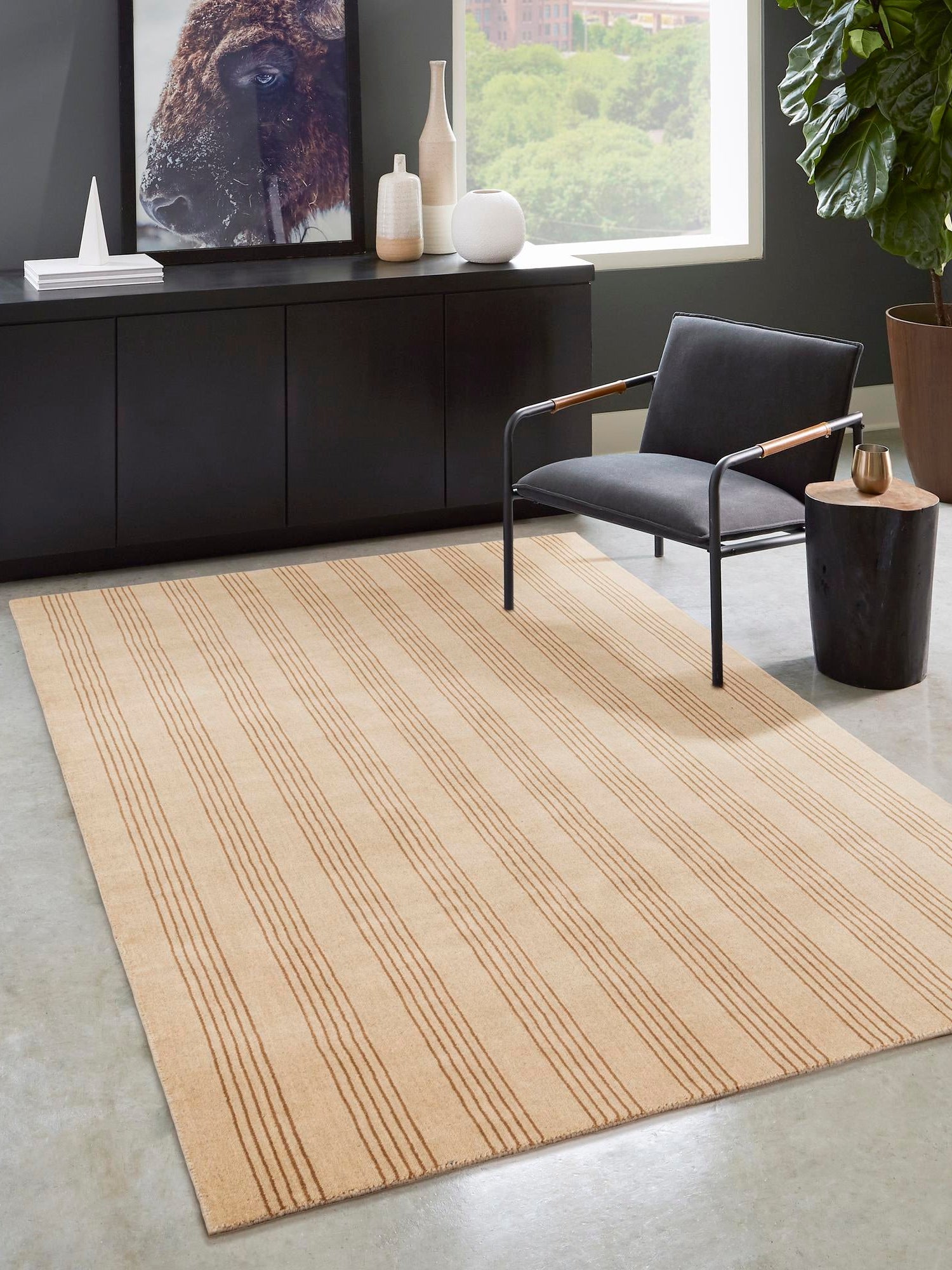 Beige 9' x 12' Jill Zarin Striped Wool Rectangle Area Rug 80% Wool & 20% Cotton Hand Made Luxury All Natural Carpet for Interior Design for Sale at Rug Engine