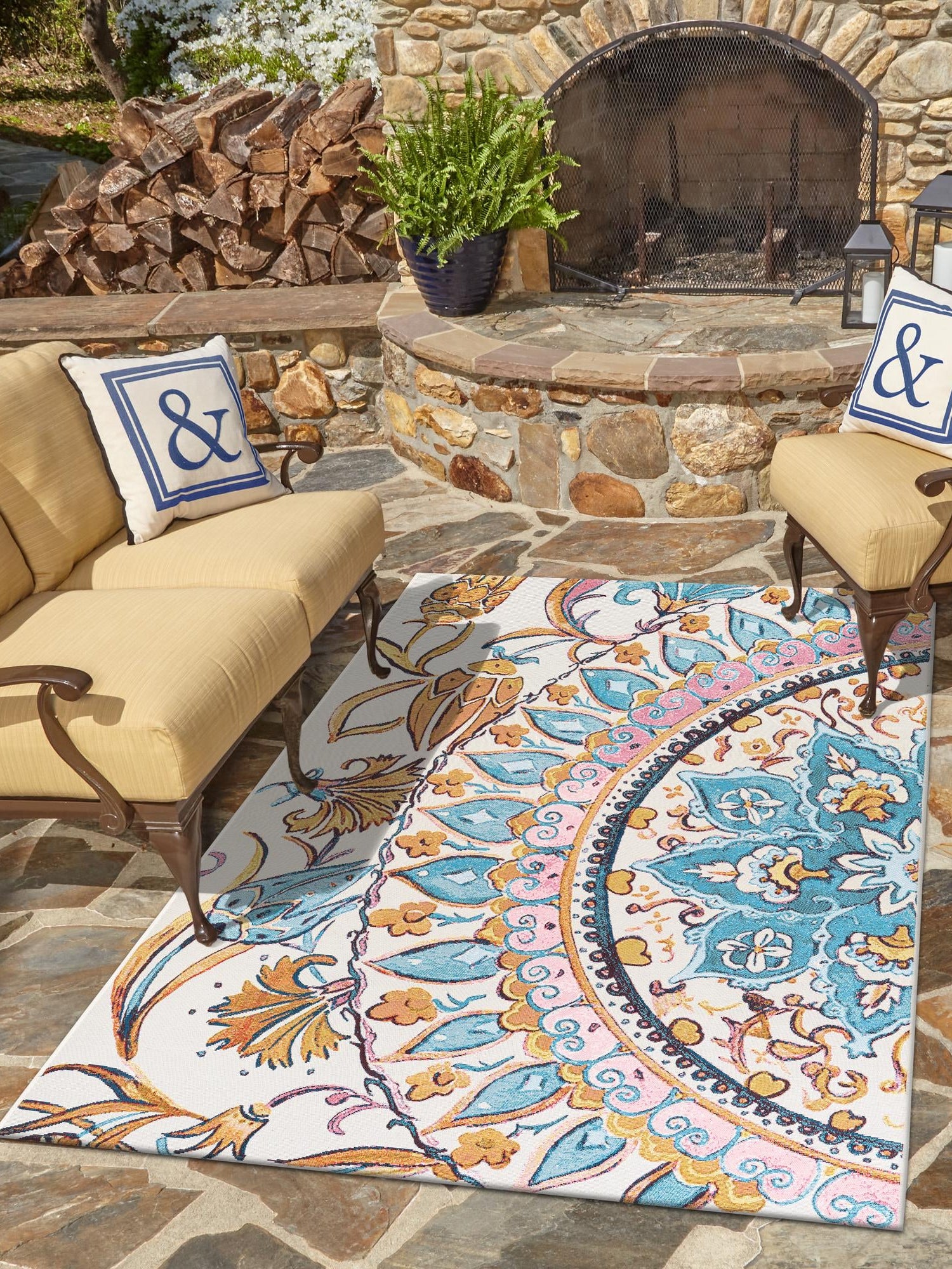 Multicolor 9' x 12' Outdoor Traditional Rectangle Area Rug Weather Resistant for Patio, Deck, Terrace, Balcony, Porch Classical Design Outside Carpet for Sale at Rug Engine