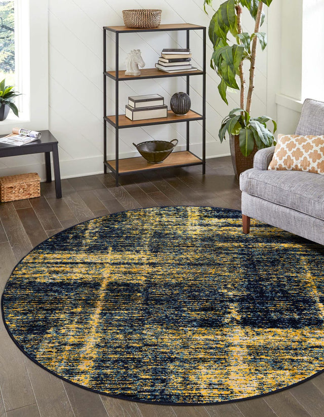 Navy Blue and Yellow 5' 3 x 5' 3 Laguna Round Area Rug 100% Polypropylene Modern Contemporary Carpet for Bedrooms, Living Room, Dining, Office for Sale at Rug Engine