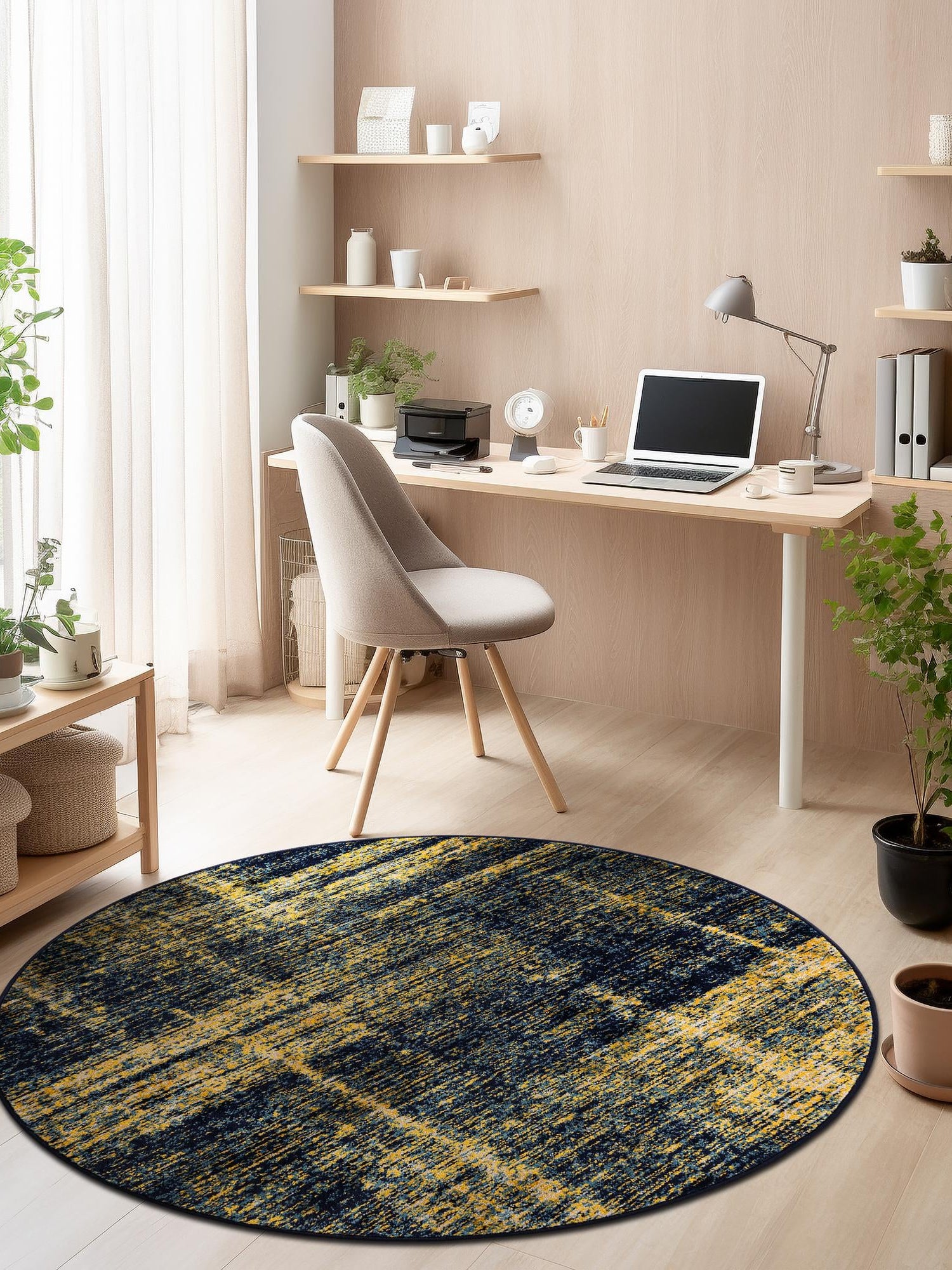 Navy Blue and Yellow 5' 3 x 5' 3 Laguna Round Area Rug 100% Polypropylene Modern Contemporary Carpet for Bedrooms, Living Room, Dining, Office for Sale at Rug Engine