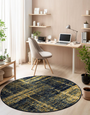 Navy Blue and Yellow 5' 3 x 5' 3 Laguna Round Area Rug 100% Polypropylene Modern Contemporary Carpet for Bedrooms, Living Room, Dining, Office for Sale at Rug Engine