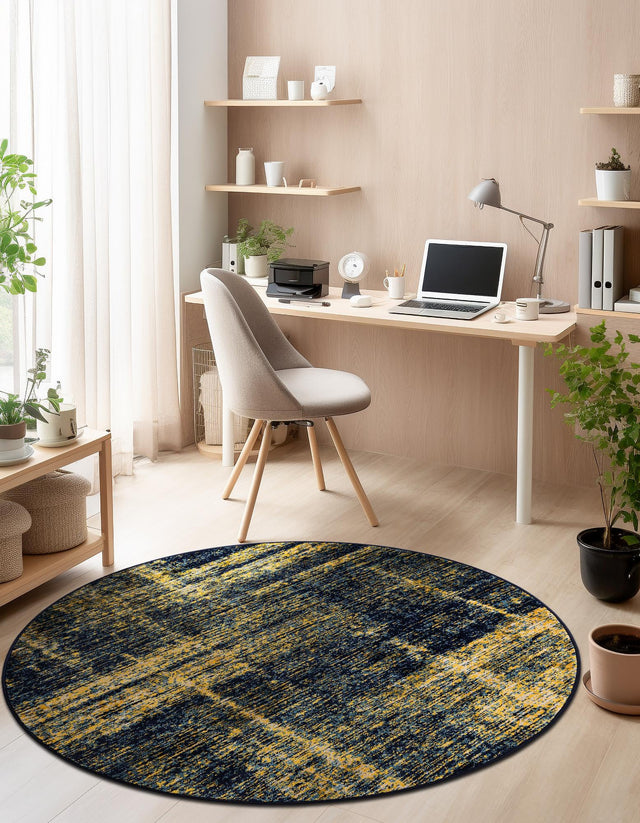 Navy Blue and Yellow 5' 3 x 5' 3 Laguna Round Area Rug 100% Polypropylene Modern Contemporary Carpet for Bedrooms, Living Room, Dining, Office for Sale at Rug Engine