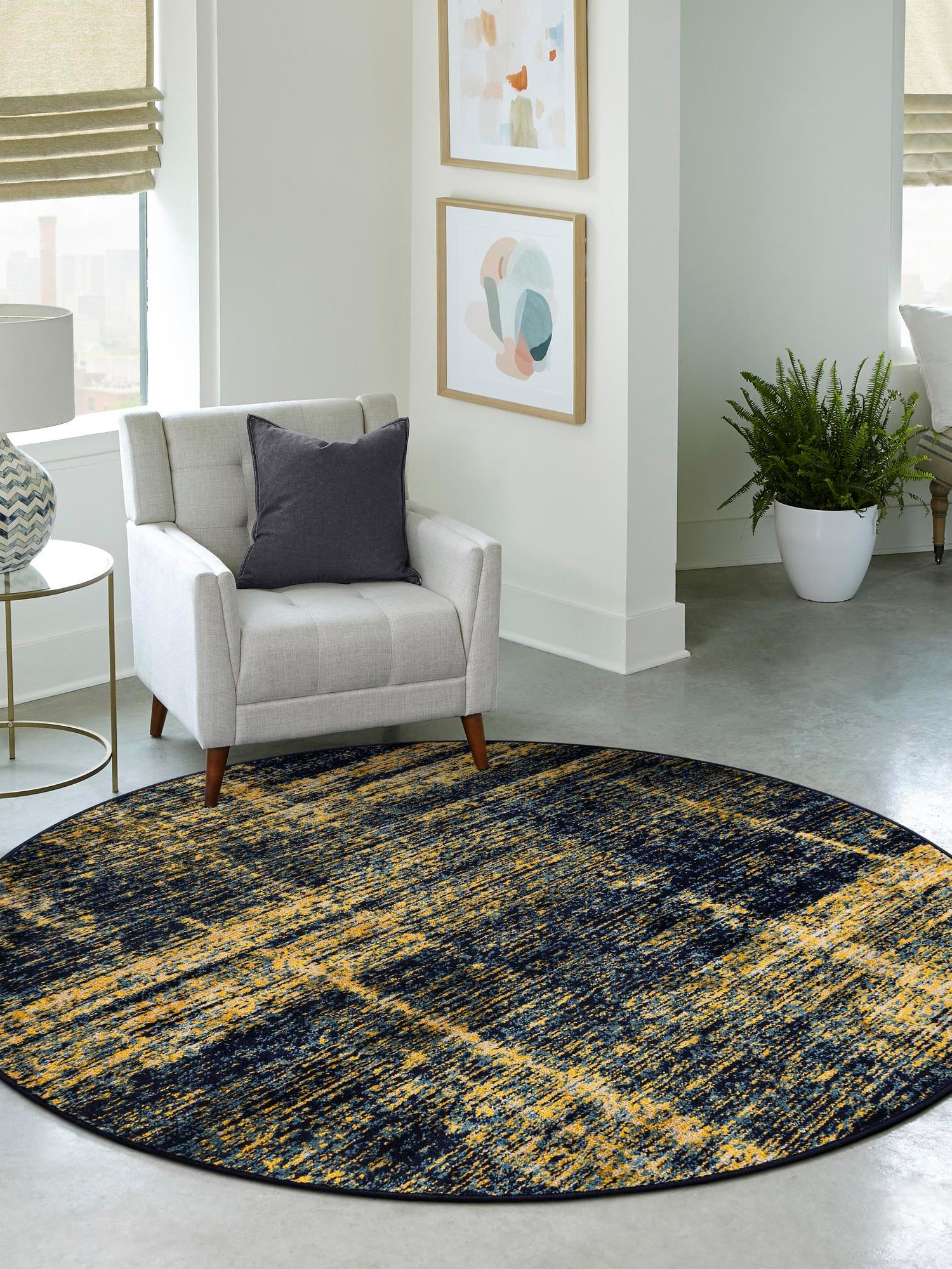 Navy Blue and Yellow 5' 3 x 5' 3 Laguna Round Area Rug 100% Polypropylene Modern Contemporary Carpet for Bedrooms, Living Room, Dining, Office for Sale at Rug Engine