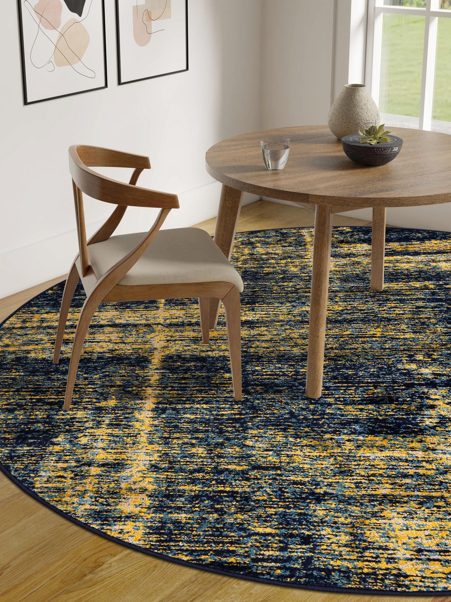 Navy Blue and Yellow 5' 3 x 5' 3 Laguna Round Area Rug 100% Polypropylene Modern Contemporary Carpet for Bedrooms, Living Room, Dining, Office for Sale at Rug Engine