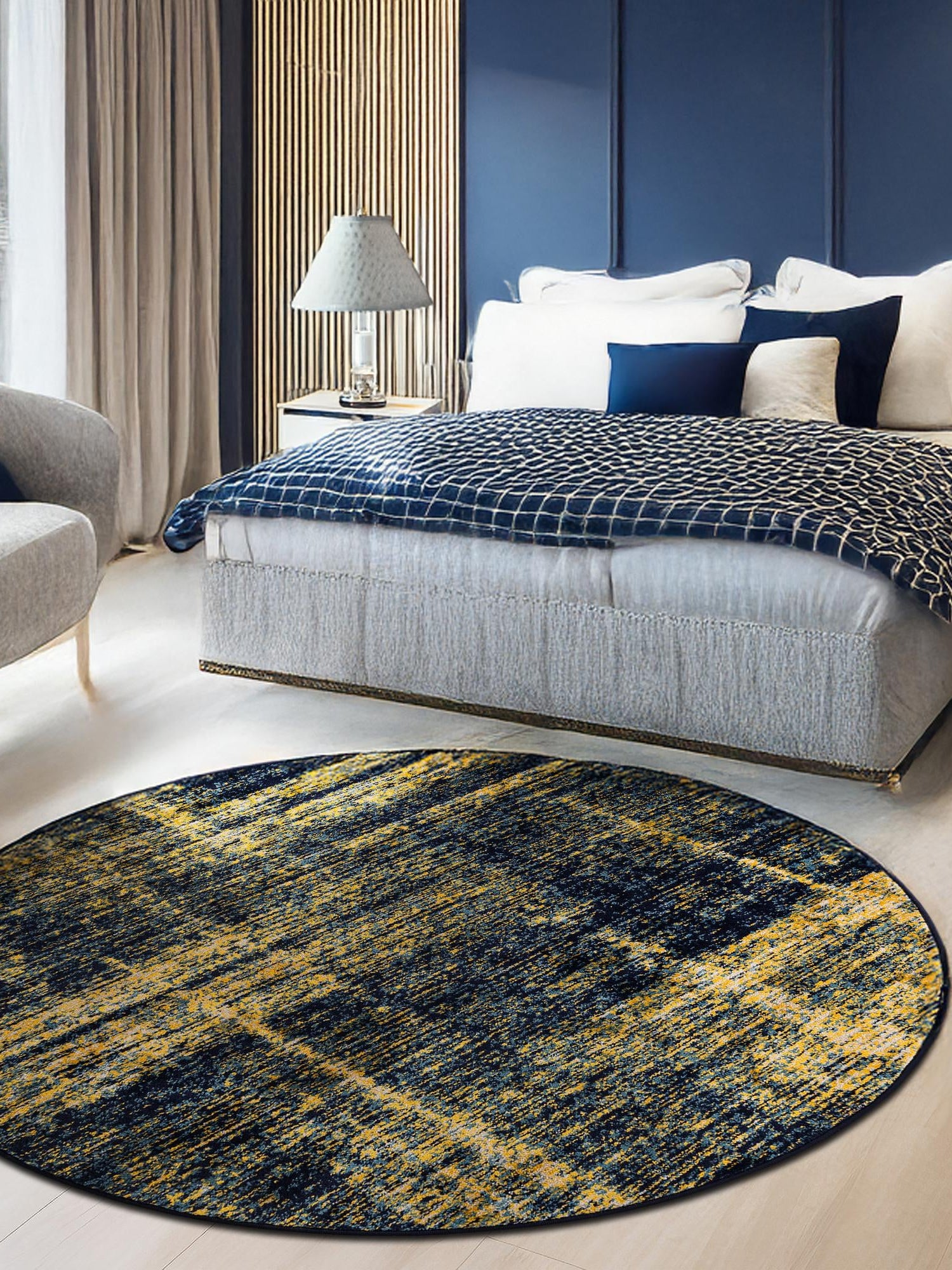 Navy Blue and Yellow 5' 3 x 5' 3 Laguna Round Area Rug 100% Polypropylene Modern Contemporary Carpet for Bedrooms, Living Room, Dining, Office for Sale at Rug Engine