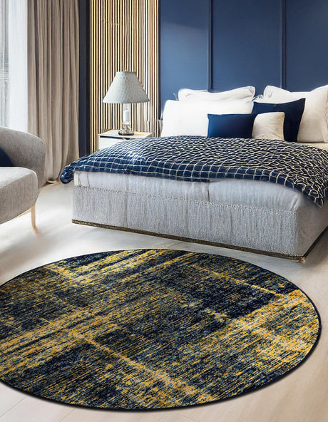 Navy Blue and Yellow 5' 3 x 5' 3 Laguna Round Area Rug 100% Polypropylene Modern Contemporary Carpet for Bedrooms, Living Room, Dining, Office for Sale at Rug Engine