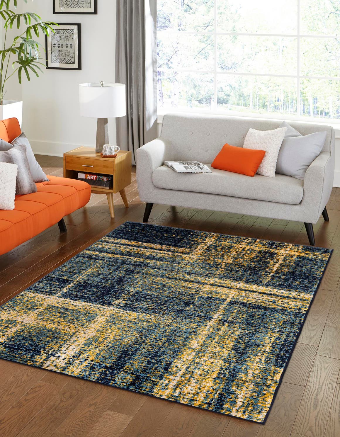 Navy Blue and Yellow 9' x 12' Laguna Rectangle Area Rug 100% Polypropylene Modern Contemporary Carpet for Bedrooms, Living Room, Dining, Office for Sale at Rug Engine
