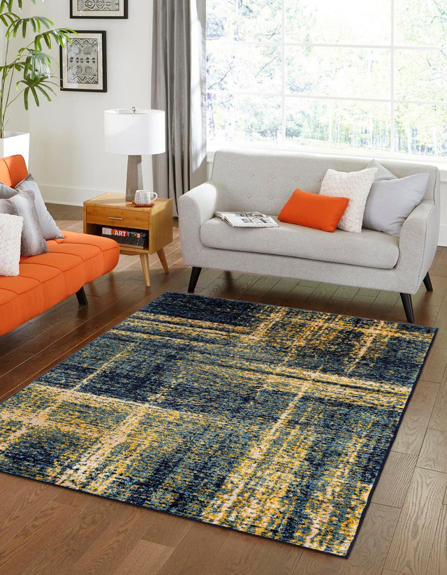 Navy Blue and Yellow 6' 1 x 9' Laguna Rectangle Area Rug 100% Polypropylene Modern Contemporary Carpet for Bedrooms, Living Room, Dining, Office for Sale at Rug Engine