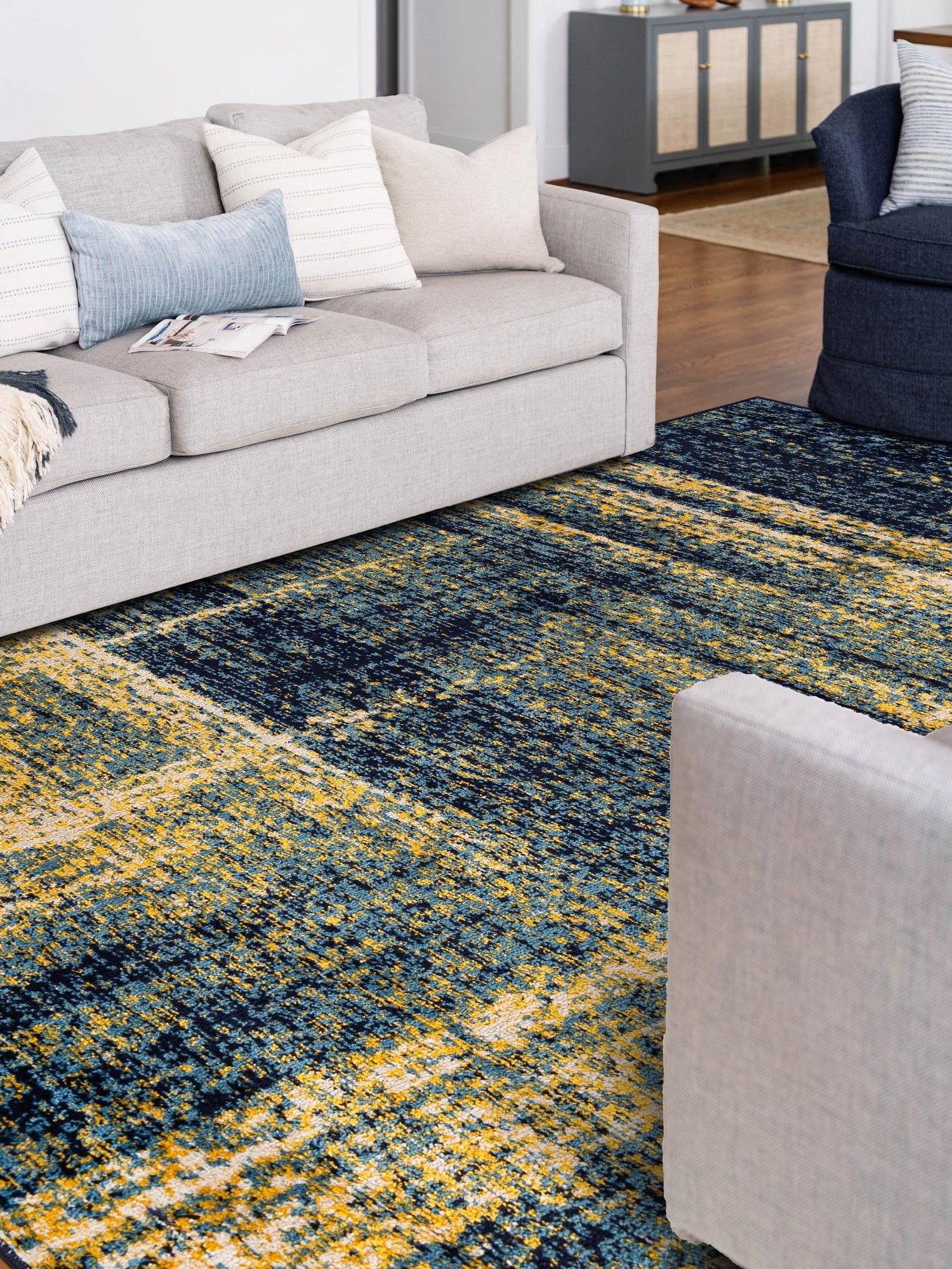 Navy Blue and Yellow 10' x 14' 1 Laguna Rectangle Area Rug 100% Polypropylene Modern Contemporary Carpet for Bedrooms, Living Room, Dining, Office for Sale at Rug Engine