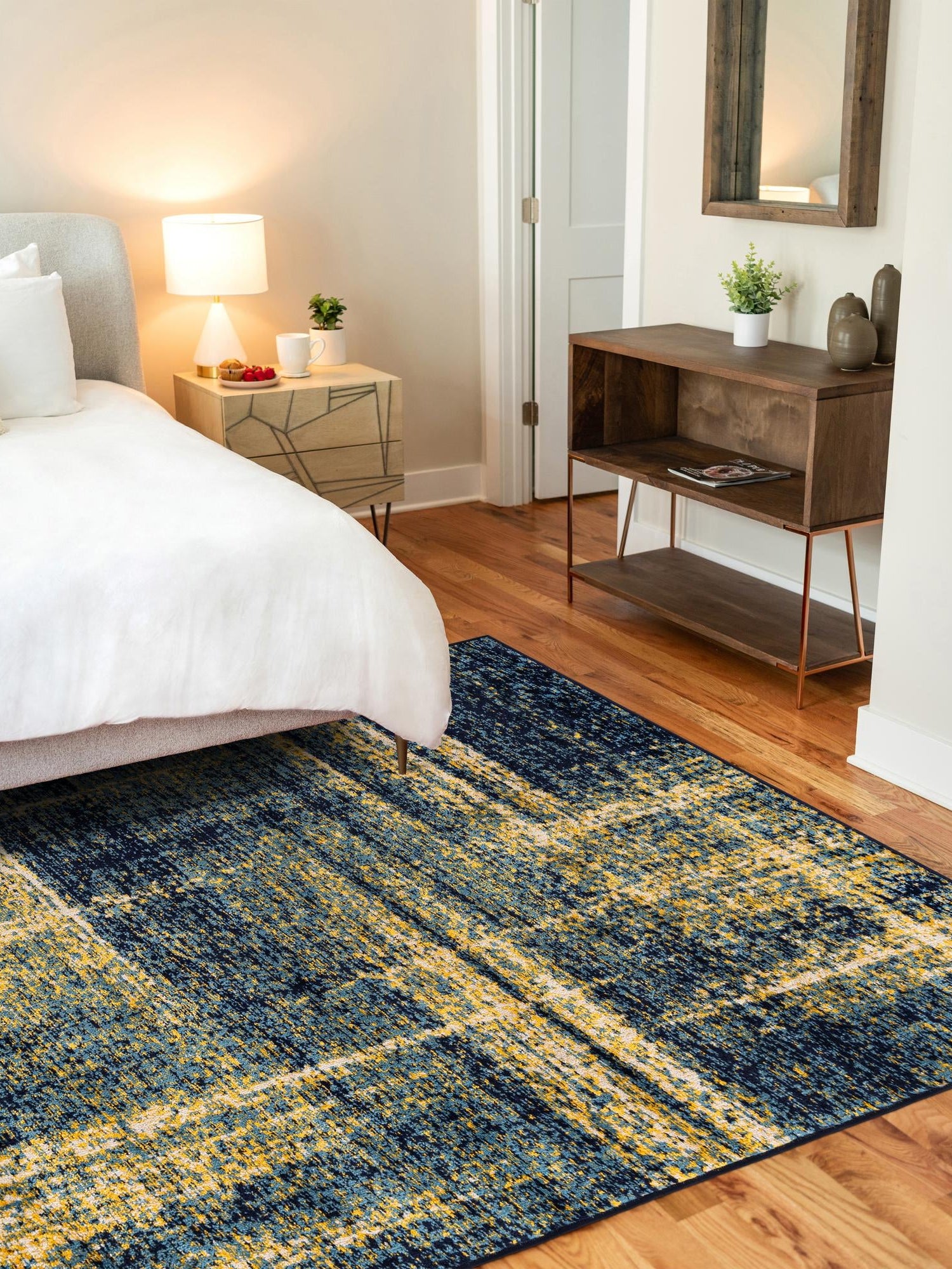 Navy Blue and Yellow 7' 1 x 10' Laguna Rectangle Area Rug 100% Polypropylene Modern Contemporary Carpet for Bedrooms, Living Room, Dining, Office for Sale at Rug Engine