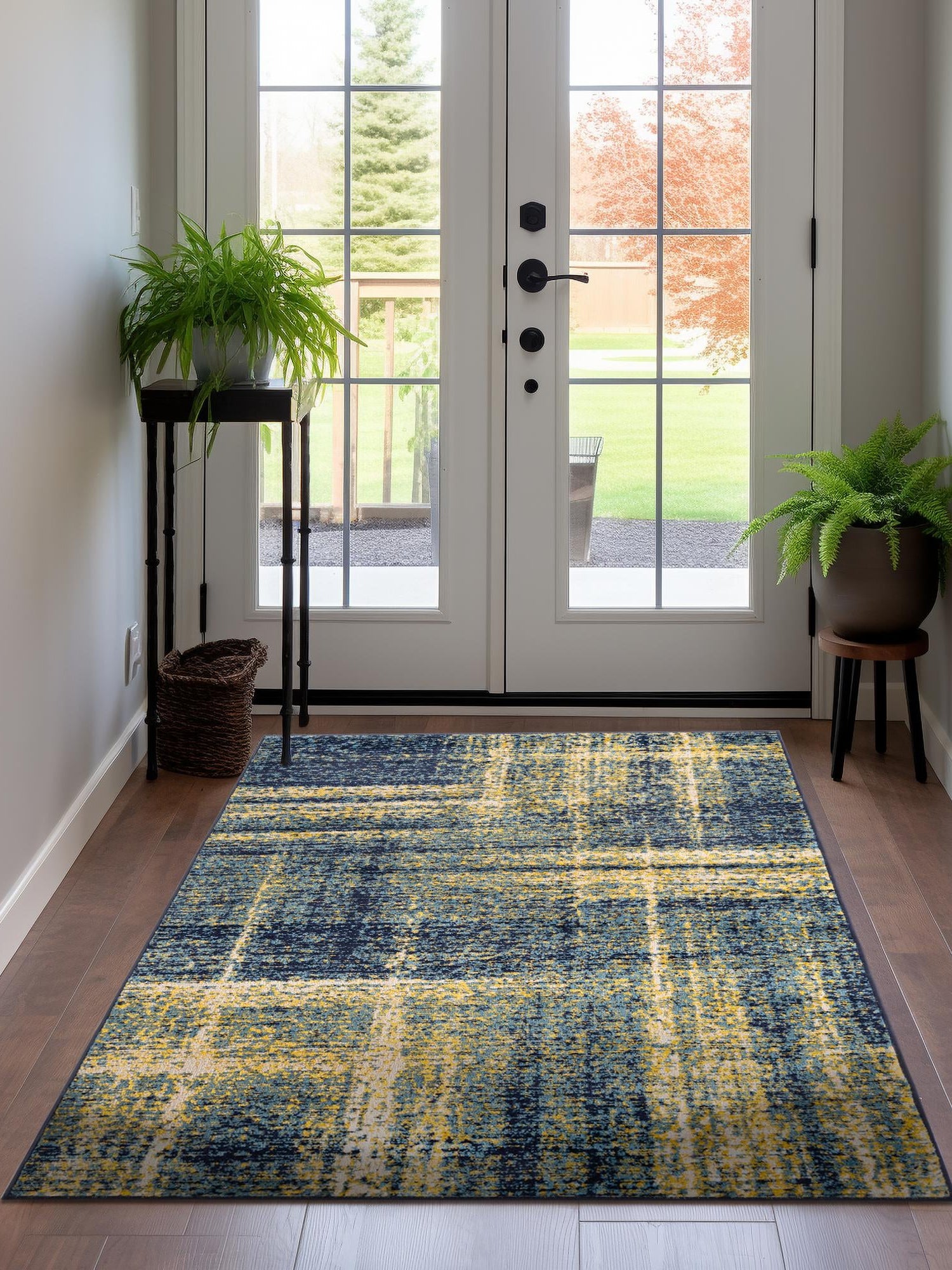 Navy Blue and Yellow 7' 1 x 10' Laguna Rectangle Area Rug 100% Polypropylene Modern Contemporary Carpet for Bedrooms, Living Room, Dining, Office for Sale at Rug Engine
