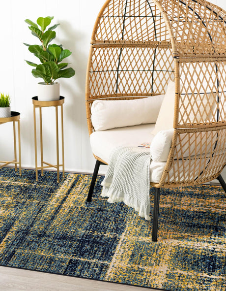 Navy Blue and Yellow 9' x 12' Laguna Rectangle Area Rug 100% Polypropylene Modern Contemporary Carpet for Bedrooms, Living Room, Dining, Office for Sale at Rug Engine