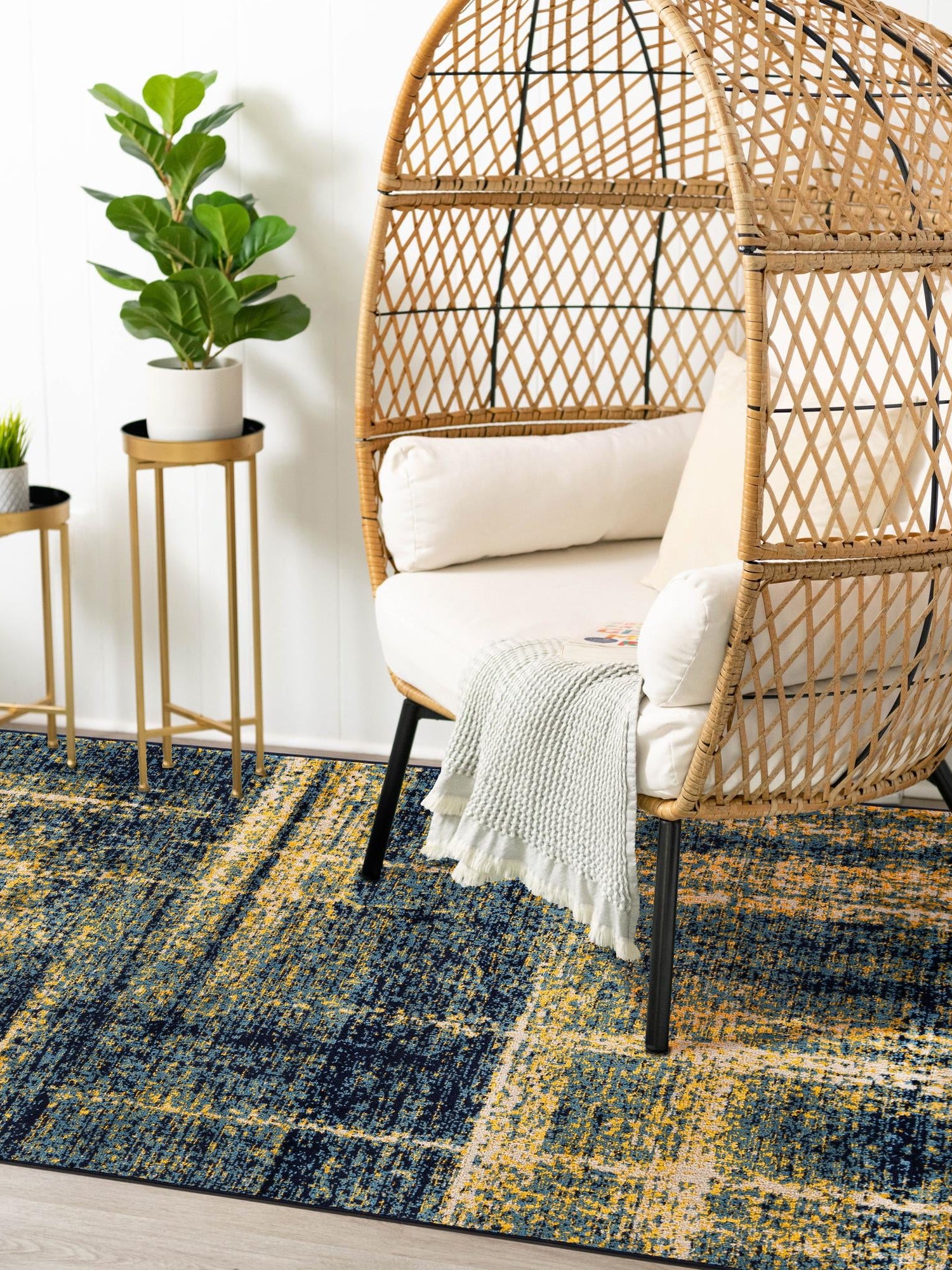 Navy Blue and Yellow 4' 1 x 6' 1 Laguna Rectangle Area Rug 100% Polypropylene Modern Contemporary Carpet for Bedrooms, Living Room, Dining, Office for Sale at Rug Engine