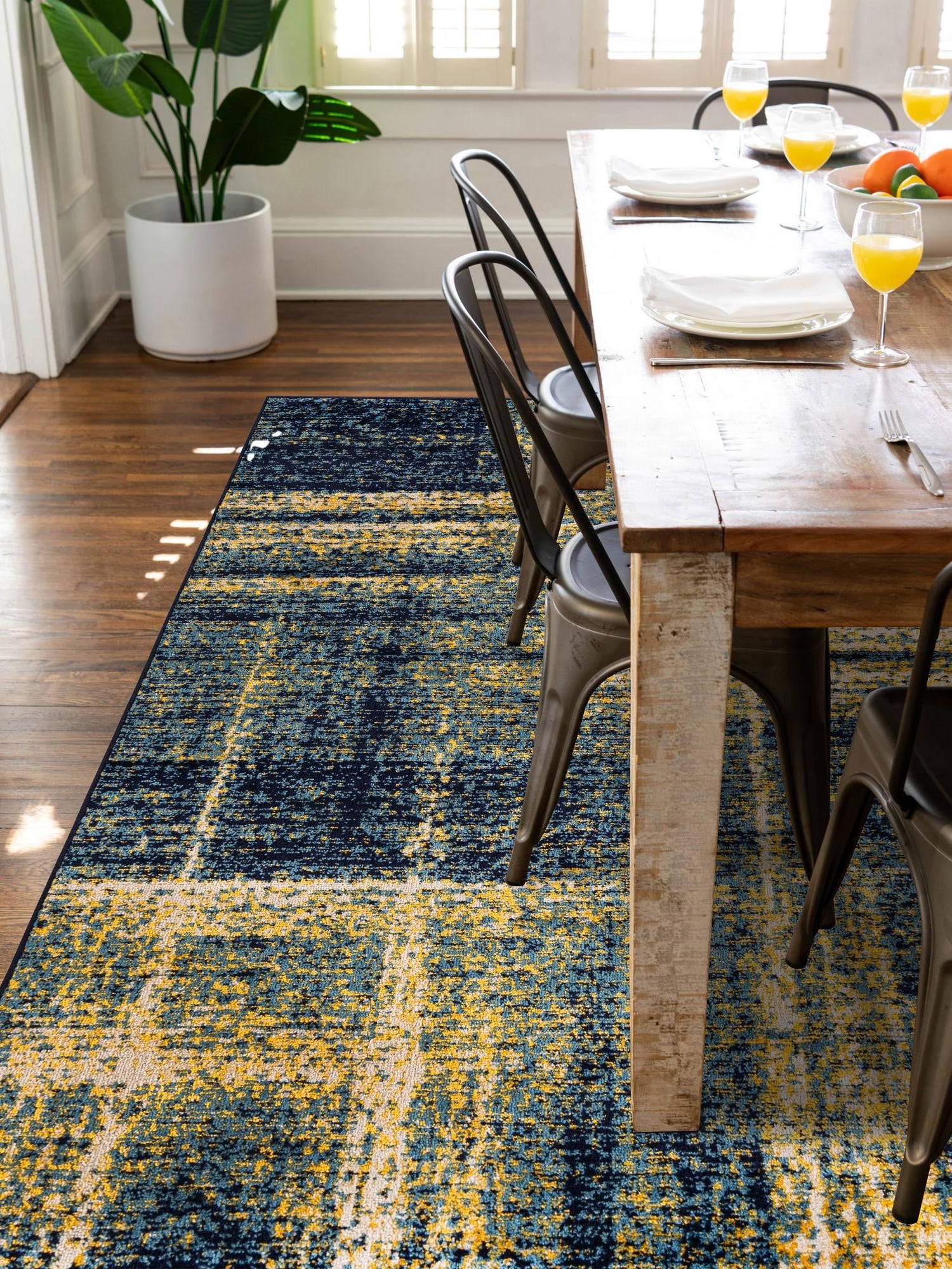 Navy Blue and Yellow 4' 1 x 6' 1 Laguna Rectangle Area Rug 100% Polypropylene Modern Contemporary Carpet for Bedrooms, Living Room, Dining, Office for Sale at Rug Engine