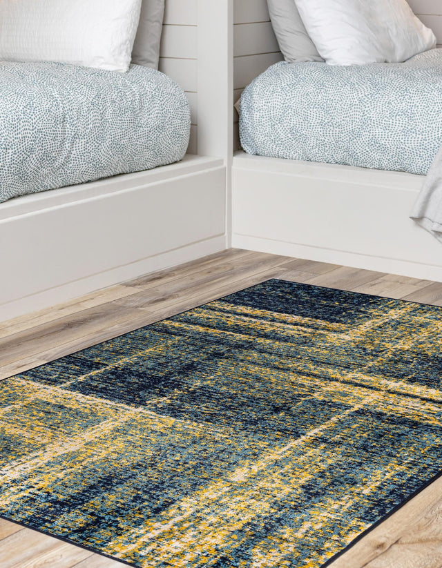 Navy Blue and Yellow 6' 1 x 9' Laguna Rectangle Area Rug 100% Polypropylene Modern Contemporary Carpet for Bedrooms, Living Room, Dining, Office for Sale at Rug Engine