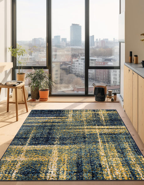 Navy Blue and Yellow 9' x 12' Laguna Rectangle Area Rug 100% Polypropylene Modern Contemporary Carpet for Bedrooms, Living Room, Dining, Office for Sale at Rug Engine