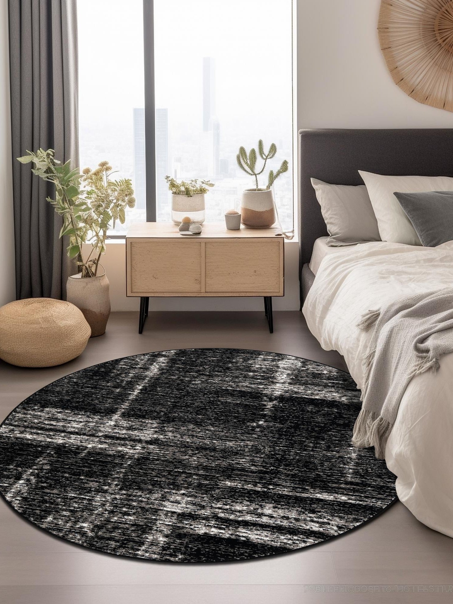 Black 7' 10 x 7' 10 Laguna Round Area Rug 100% Polypropylene Modern Contemporary Carpet for Bedrooms, Living Room, Dining, Office for Sale at Rug Engine