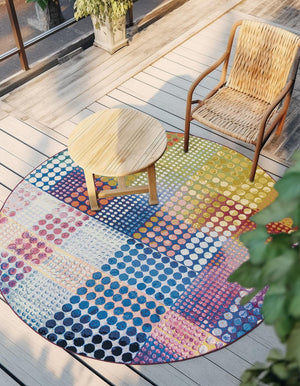 Multicolor 5' 1 x 5' 1 Outdoor Modern Round Area Rug Weather Resistant for Patio, Deck, Terrace, Balcony, Porch 100% Polypropylene Modern Outside Carpet for Sale at Rug Engine