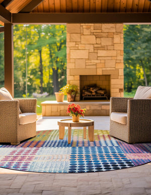 Multicolor 5' 1 x 5' 1 Outdoor Modern Round Area Rug Weather Resistant for Patio, Deck, Terrace, Balcony, Porch 100% Polypropylene Modern Outside Carpet for Sale at Rug Engine
