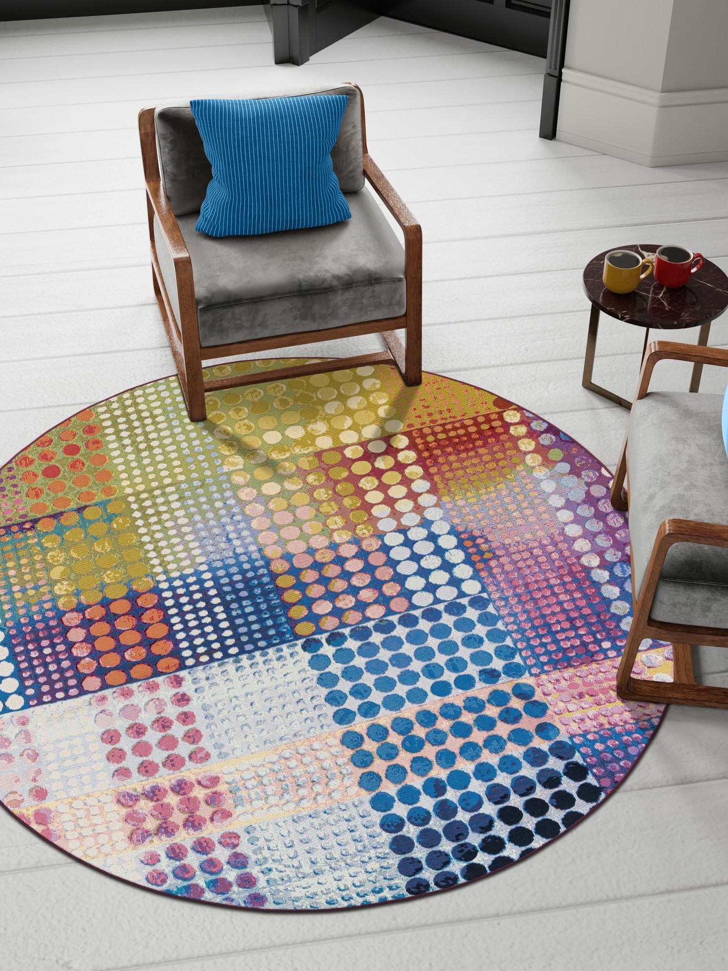 Multicolor 8' x 8' Outdoor Modern Round Area Rug Weather Resistant for Patio, Deck, Terrace, Balcony, Porch 100% Polypropylene Modern Outside Carpet for Sale at Rug Engine