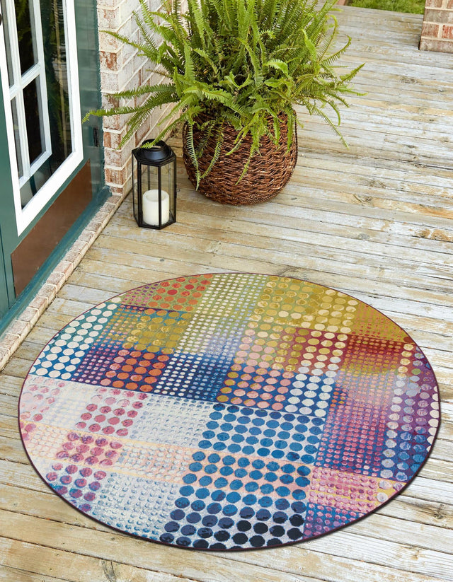 Multicolor 5' 1 x 5' 1 Outdoor Modern Round Area Rug Weather Resistant for Patio, Deck, Terrace, Balcony, Porch 100% Polypropylene Modern Outside Carpet for Sale at Rug Engine