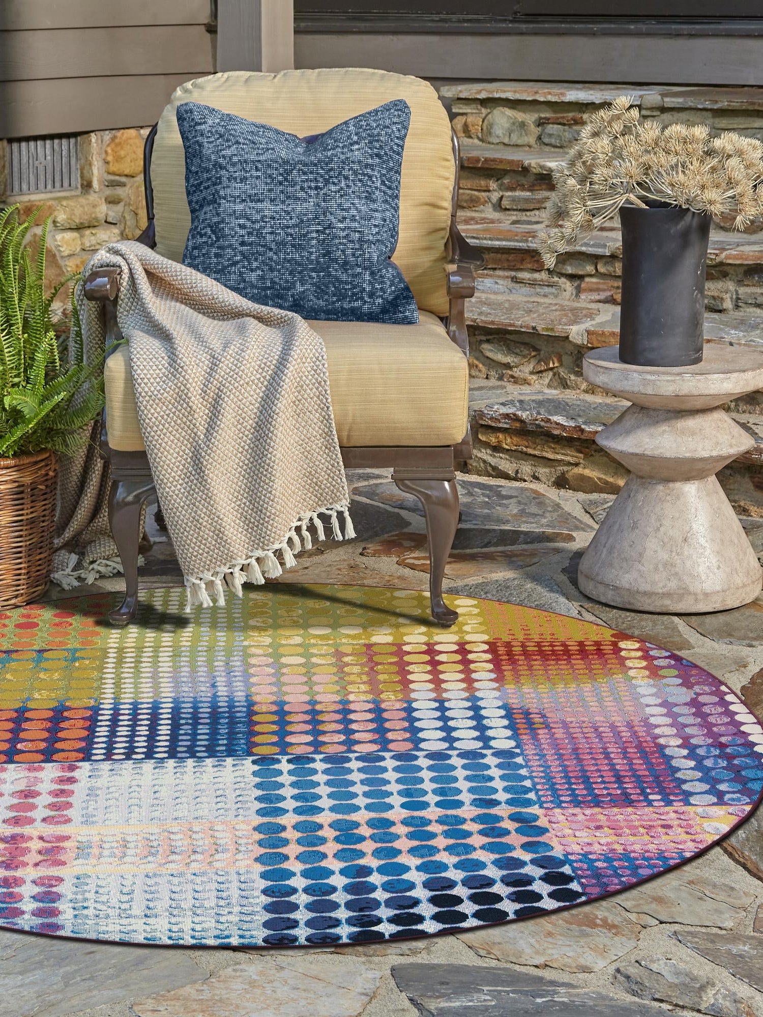 Multicolor 8' x 8' Outdoor Modern Round Area Rug Weather Resistant for Patio, Deck, Terrace, Balcony, Porch 100% Polypropylene Modern Outside Carpet for Sale at Rug Engine