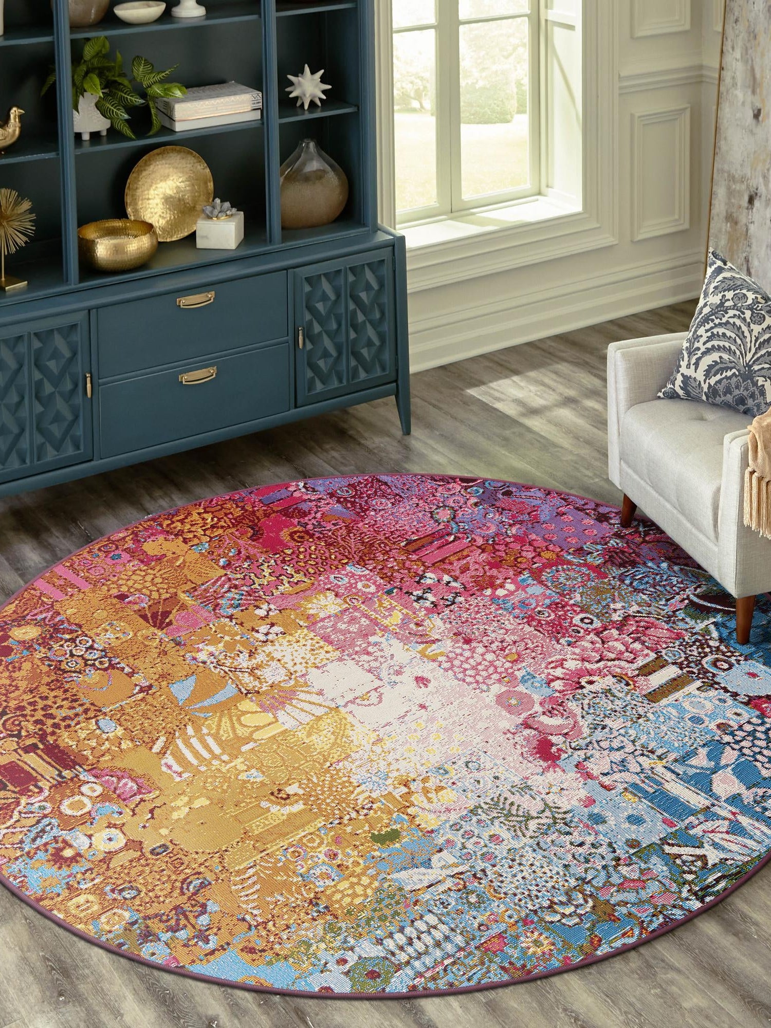 Multicolor 5' 1 x 5' 1 Outdoor Modern Round Area Rug Weather Resistant for Patio, Deck, Terrace, Balcony, Porch 100% Polypropylene Modern Outside Carpet for Sale at Rug Engine