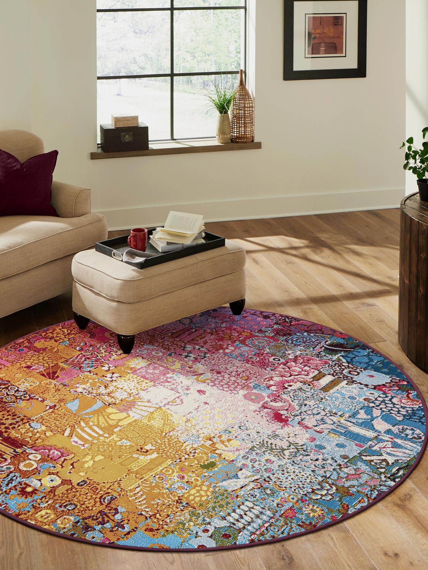 Multicolor 5' 1 x 5' 1 Outdoor Modern Round Area Rug Weather Resistant for Patio, Deck, Terrace, Balcony, Porch 100% Polypropylene Modern Outside Carpet for Sale at Rug Engine